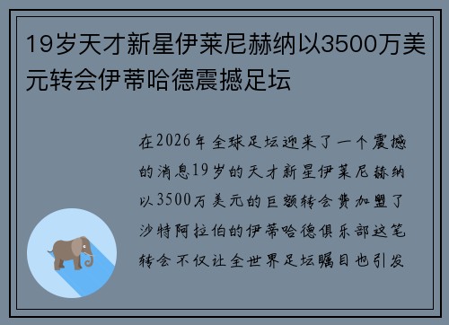 19岁天才新星伊莱尼赫纳以3500万美元转会伊蒂哈德震撼足坛