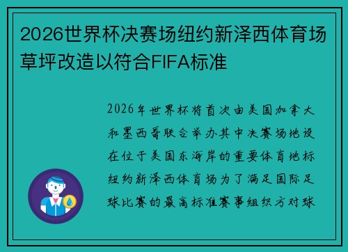 2026世界杯决赛场纽约新泽西体育场草坪改造以符合FIFA标准