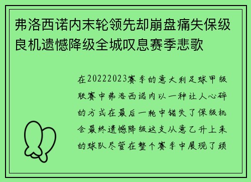 弗洛西诺内末轮领先却崩盘痛失保级良机遗憾降级全城叹息赛季悲歌