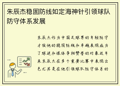 朱辰杰稳固防线如定海神针引领球队防守体系发展